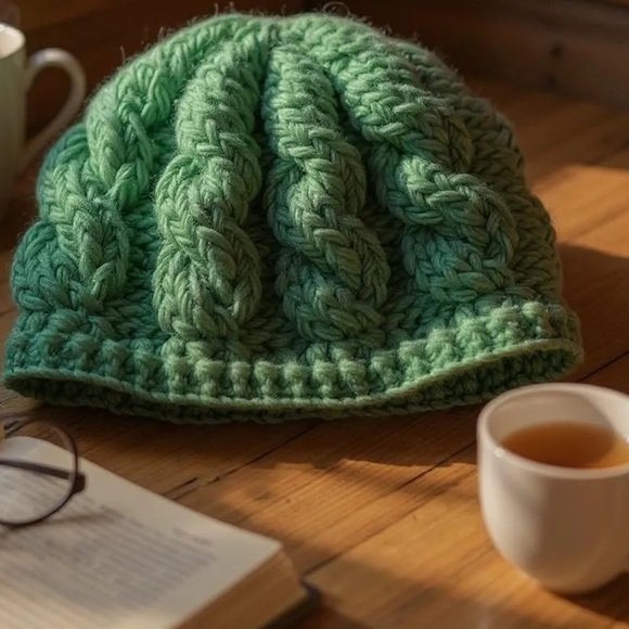 027 Nirvanna | Designs in Nepal | Green Hand-Knit Winter Hat (One Size) - Picture 2 of 7